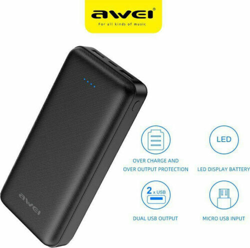 Awei Power Bank 20000mAh με 2 Θύρες USB-A Μαύρο