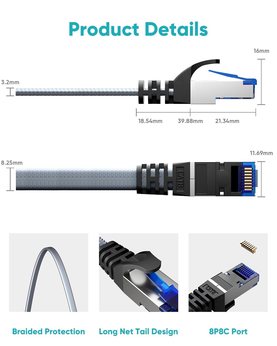 Busohe Cat 8 Ethernet Cable 6M 40Gbps/2000Mhz Flat High Speed Network Cable