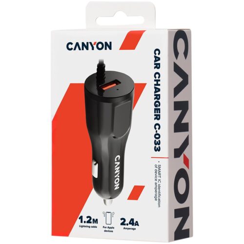 Canyon Φορτιστής Αυτοκινήτου 2.4A + μια Θύρα USB κι Ενσωματωμένο Καλώδιο Lightning Μαύρο C-033