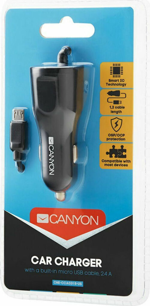 Canyon Φορτιστής Αυτοκινήτου 2.4A + μια Θύρα USB κι Ενσωματωμένο Καλώδιο Micro-USB Μαύρο C-031