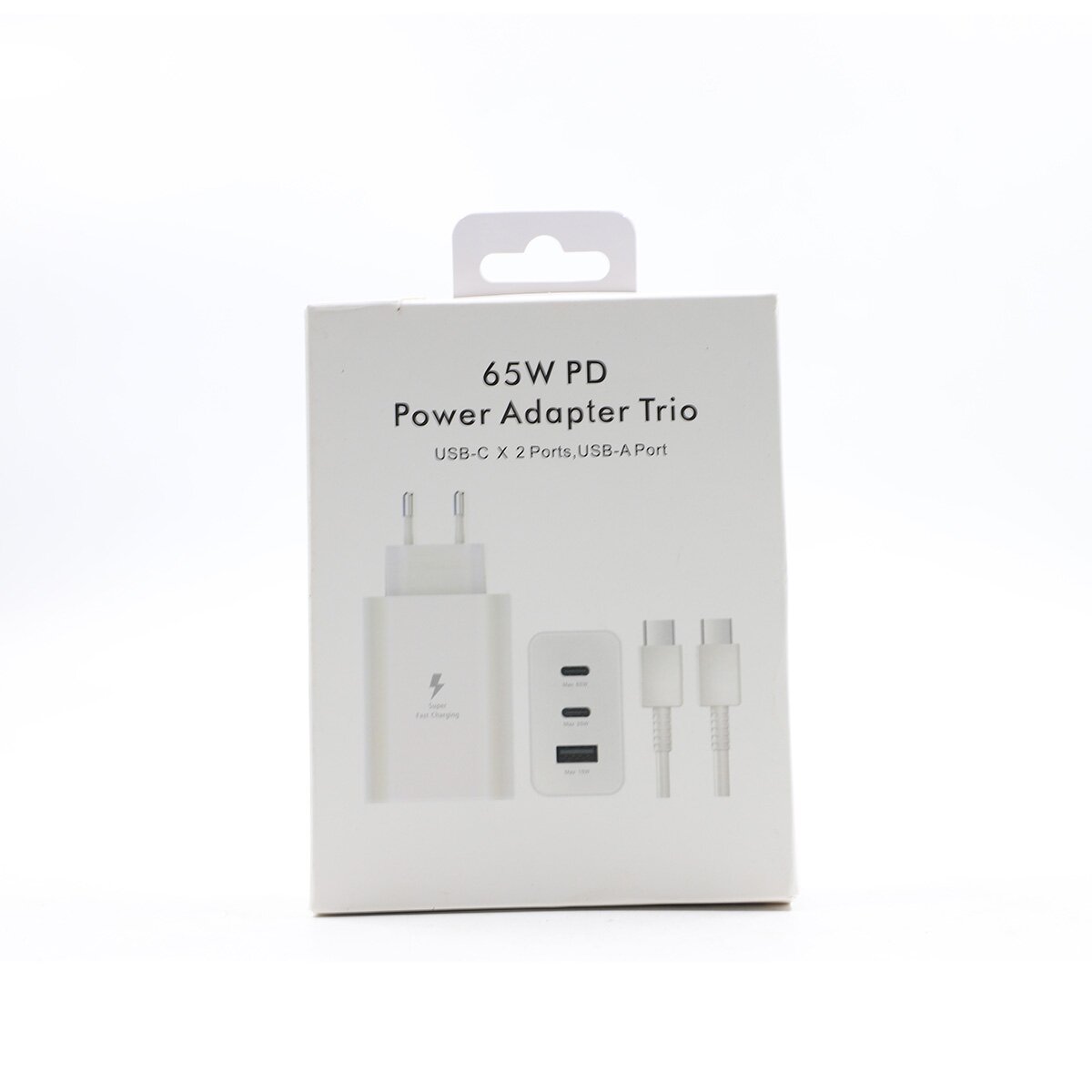 Charger with USB-A Port and 2 USB-C Ports 65W Power & Cable Type-C White
