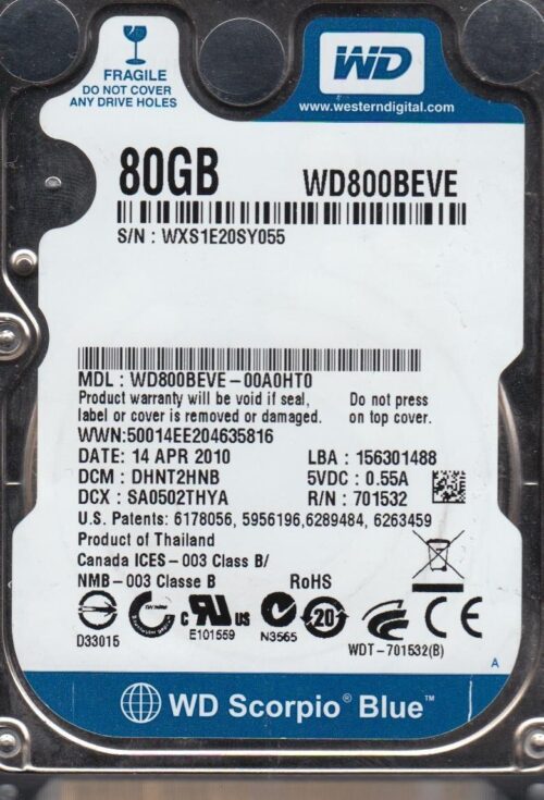 Δίσκος WD ATA 80GB 5400 8MB 2,5'' WD800BEVE