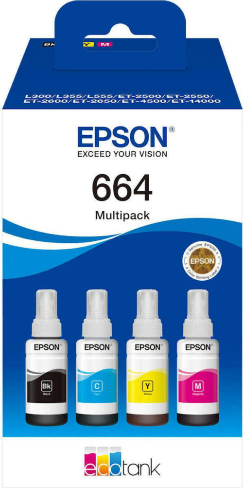 Epson 664 Γνήσιο Πακέτο 4 Μελανιών Εκτυπωτή InkJet Κίτρινο / Κυανό / Ματζέντα / Μαύρο (C13T66464A)
