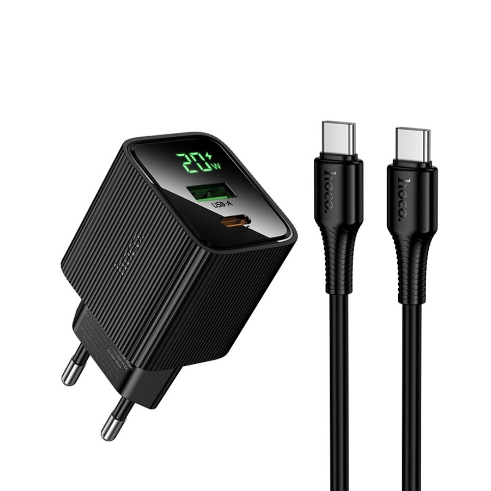 hoco Dual Port Charger 20W USB-A & USB-C and 1m Cable USB-C to USB-C