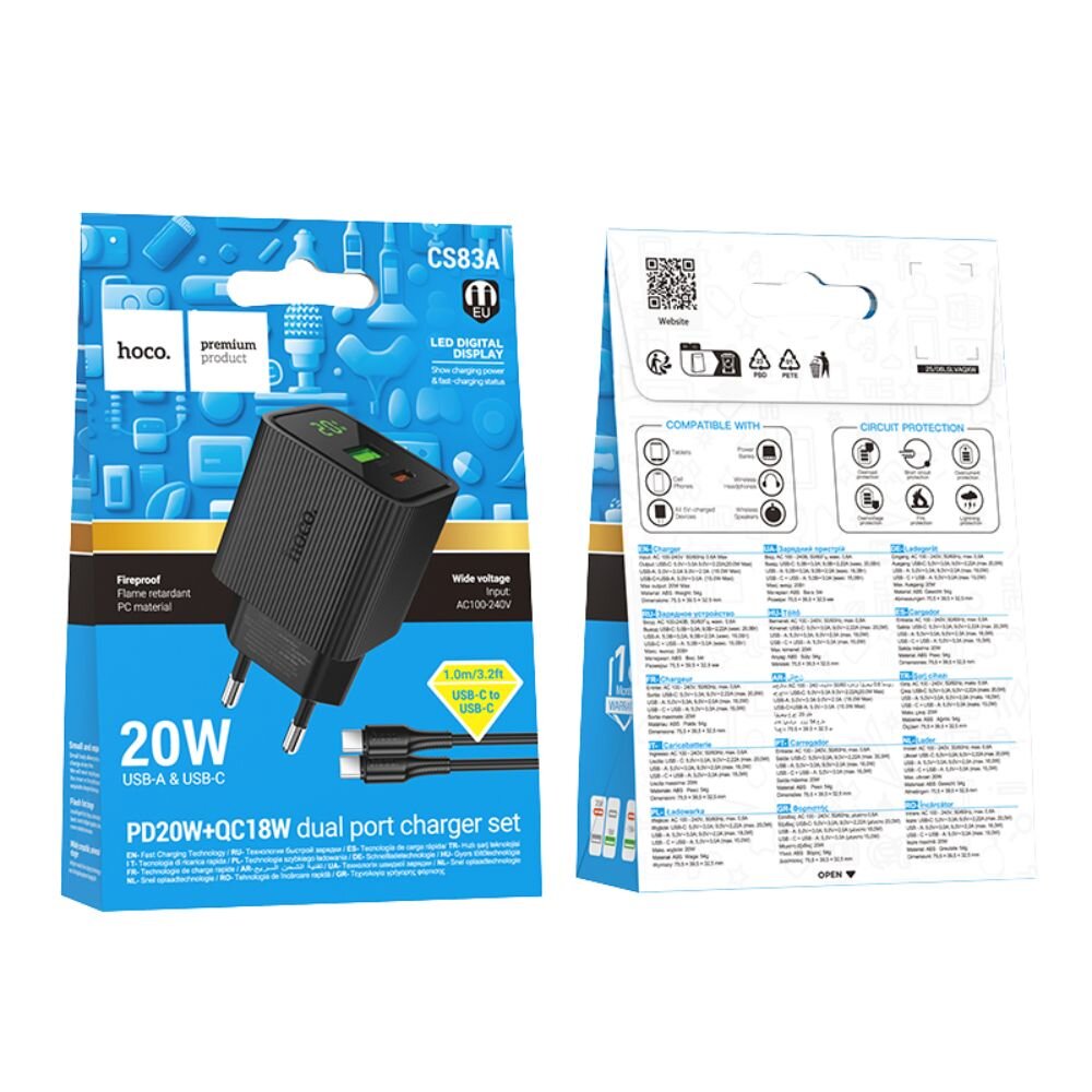 hoco Dual Port Charger 20W USB-A & USB-C and 1m Cable USB-C to USB-C