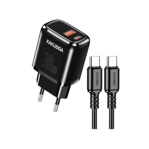 Kakusiga Φορτιστής με Θύρα USB-A και Θύρα USB-C και Καλώδιο USB-C - USB-C 30W Μαύρο