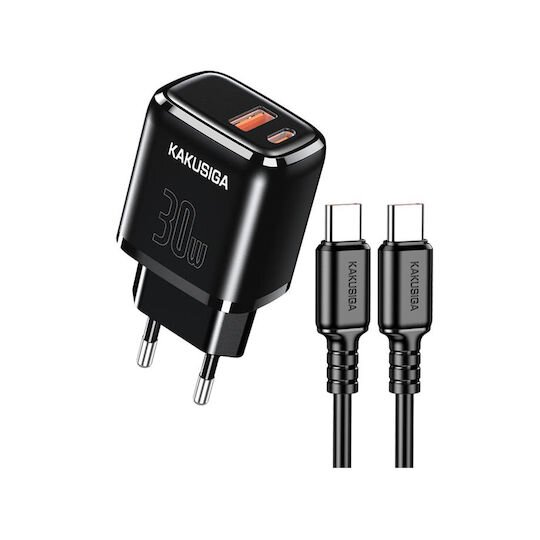 Kakusiga Φορτιστής με Θύρα USB-A και Θύρα USB-C και Καλώδιο USB-C - USB-C 30W Μαύρο