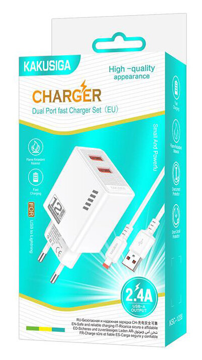 KAKUSIGA Φορτιστής Τοίχου KSC-1238 με Καλώδιο Lightning 2x USB 12W Λευκός