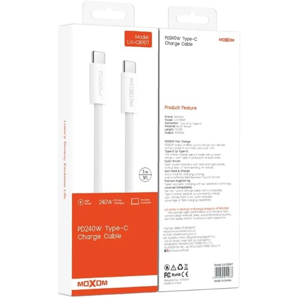Καλώδιο Φόρτισης & Δεδομένων PD USB Type-C Σε Type-C 240W Moxom LX-CB908