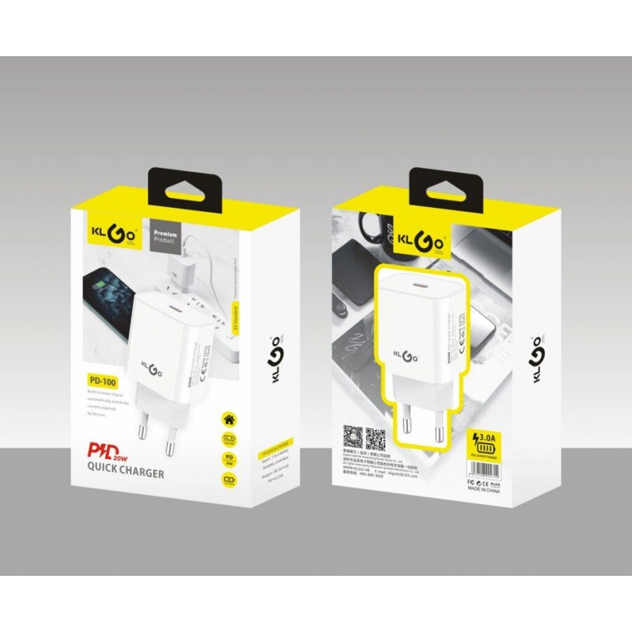 KLGO Φορτιστής γρήγορης φόρτισης 20W 3.0A Type C Λευκός