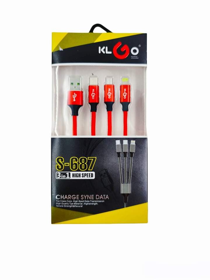 KLGO Καλώδιο Σχοινί 3σε1 High Speed Usb To Lightning Type-C Micro 1m