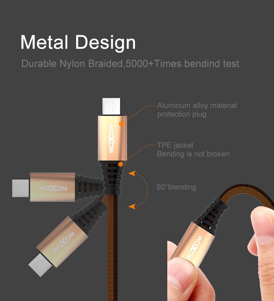 Moxom Denim USB 2.0 Καλώδιο micro USB Αρσενικό σε USB-A Αρσενικό με Πλέξη 2.4A 1m μαύρο-καφέ