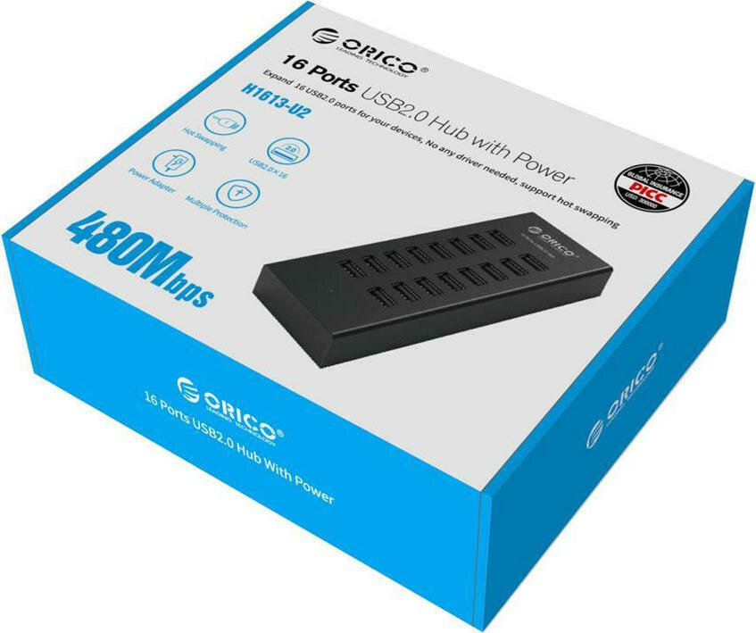 Orico USB 2.0 Hub 16 Θυρών με σύνδεση USB-A Θύρα Φόρτισης & Εξωτερική Παροχή Ρεύματος