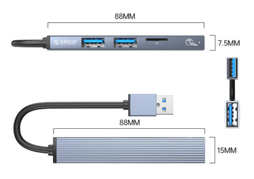 ORICO USB hub με card reader 3 θυρών 5Gbps USB-C σύνδεση γκρι