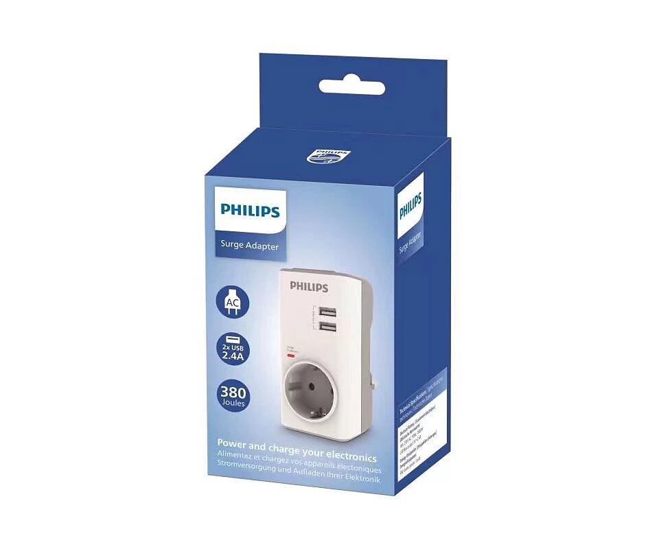 Philips CHP4010W Adapter Charger USB Surge Protection 2 USB 2.4