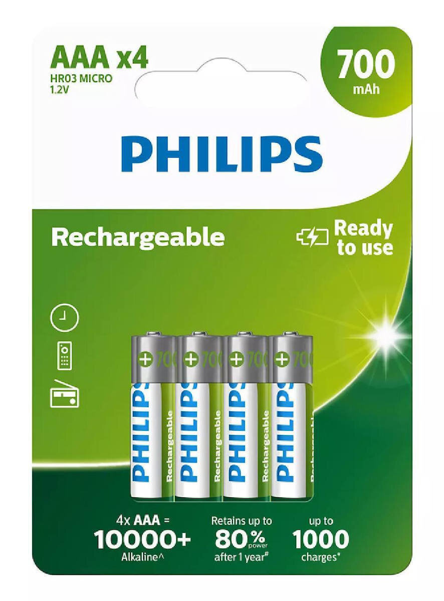 Philips Επαναφορτιζόμενες Μπαταρίες AAA Ni-MH 700mAh 1.2V 4τμχ.