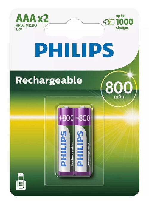 PHILIPS επαναφορτιζόμενη μπαταρία 800mAh AAA HR03 Micro (Συσκευασία 2 τεμ.)