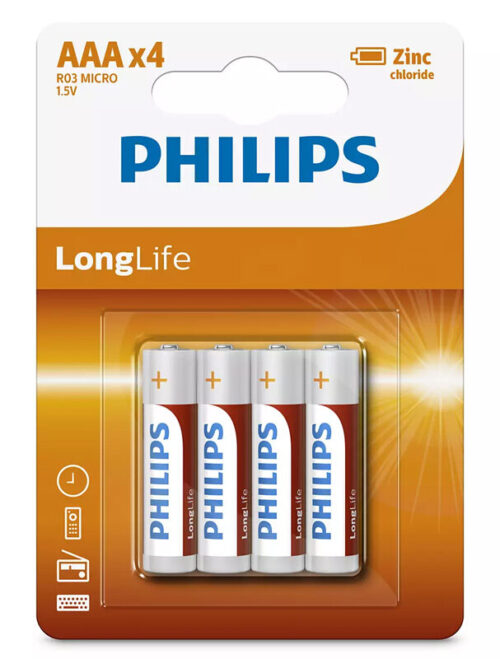 Philips Longlife Zinq Chloride Μπαταρίες Aaa R03 Micro 4Τμχ