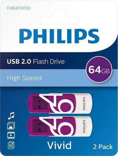 Philips Vivid 64GB USB 2.0 White/Magic Purple 2-Pack