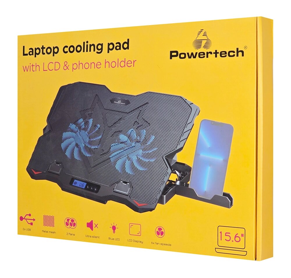 Powertech Cooling Pad for Laptop up to 15.6" with 2 Fans and Lighting