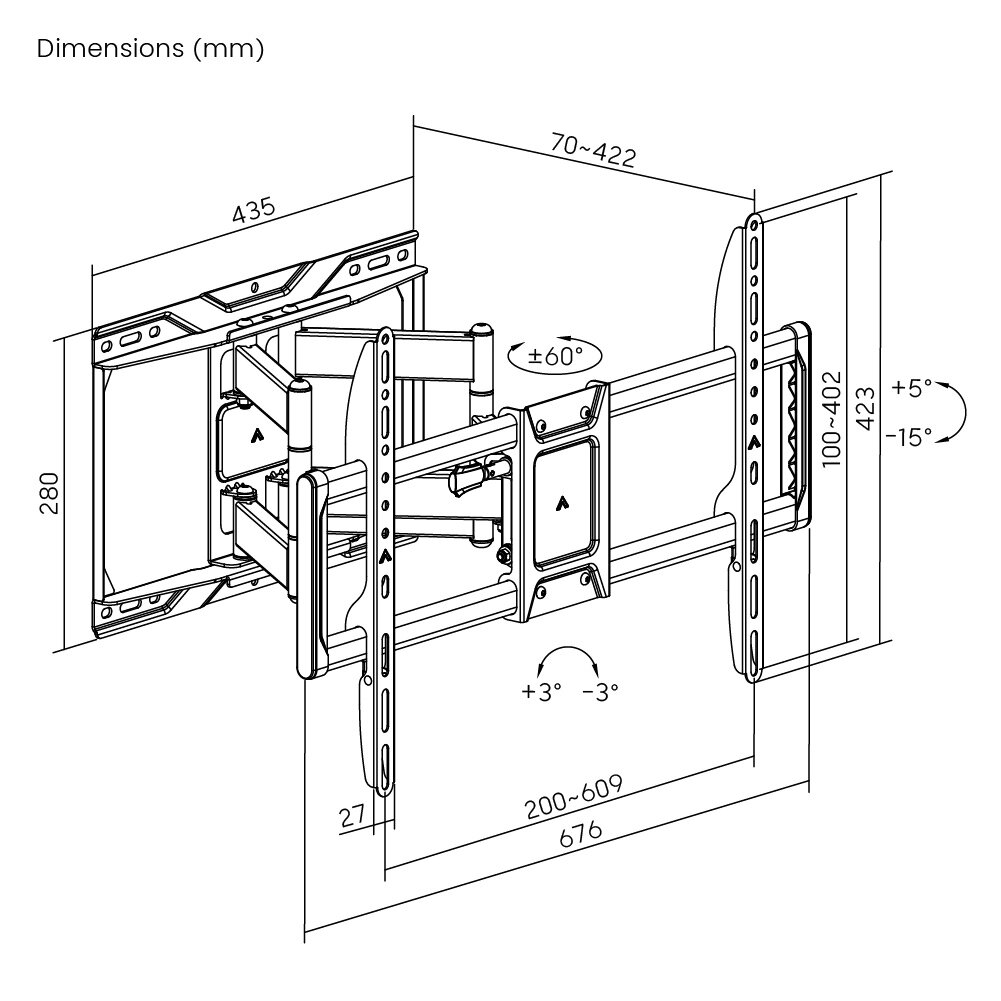 Powertech Επιτοίχια Βάση Τηλεόρασης 37-90" 75kg Heavy Duty Full Motion