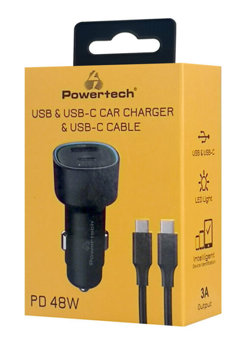 Powertech Φορτιστής Αυτοκινήτου Καλώδιο USB/USB-C 48W Μαύρος