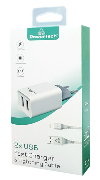Powertech Φορτιστής τοίχου & καλώδιο Lightning 2x USB 2.1A