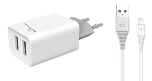 Powertech Φορτιστής τοίχου & καλώδιο Lightning 2x USB 2.1A