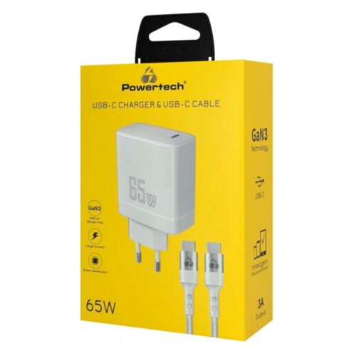 Powertech Φορτιστής Τοίχου με Καλώδιο USB-C 65W GaN Λευκός