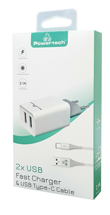 Powertech Φορτιστής τοίχου & καλώδιο USB Type-C 2x USB 2.1A