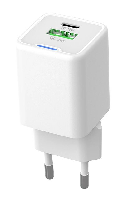 Powertech Φορτιστής Τοίχου Pt 1224 Καλώδιο Usb Usb C 33w Gan Λευκός