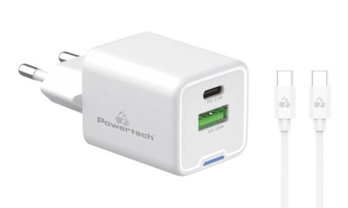 Powertech Φορτιστής Τοίχου Pt 1224 Καλώδιο Usb Usb C 33w Gan Λευκός