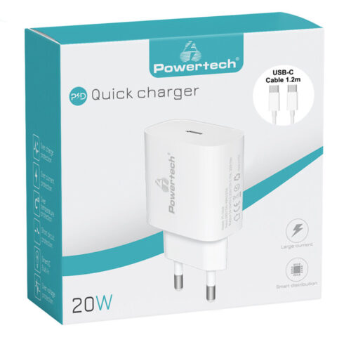 Powertech φορτιστής τοίχου USB-C μαζί με καλώδιο USB-C PD 20W