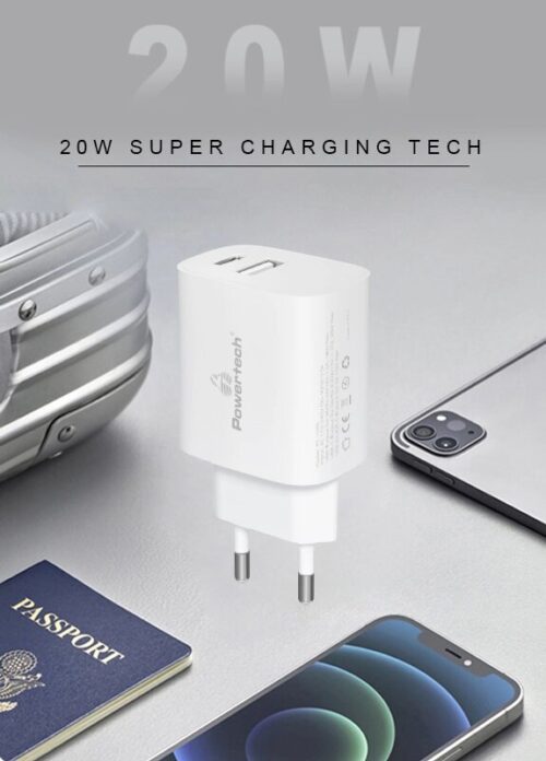 Powertech Φορτιστής Τοίχου USB & USB-C PD QC3.0 20W Λευκός