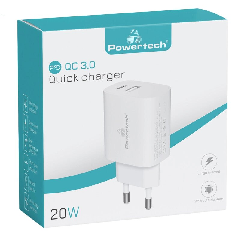 Powertech Φορτιστής Τοίχου USB & USB-C PD QC3.0 20W Λευκός