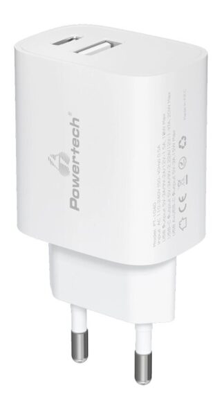 Powertech Φορτιστής Τοίχου USB & USB-C PD QC3.0 20W Λευκός