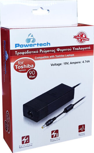 Powertech Τροφοδοτικό Για Laptop Toshiba 90w 19.0v 4.74a, 5.5 X 2.5 X 12mm, Μαύρο