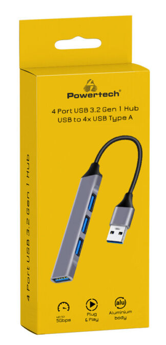 Powertech USB Hub 4x Θυρών 5Gbps USB Σύνδεση Γκρι