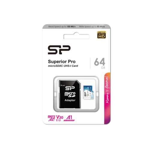 Silicon Power Micro SDXC 64GB Class 10 UHS-1 U3 V30 Superior Pro R100/W80 MB/s + SD Adaptor
