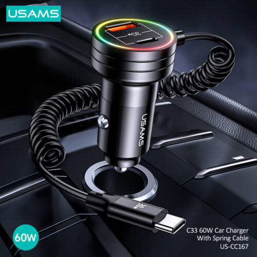 USAMS φορτιστής αυτοκινήτου C33 με καλώδιο USB/USB-C 60W 1m μαύρος