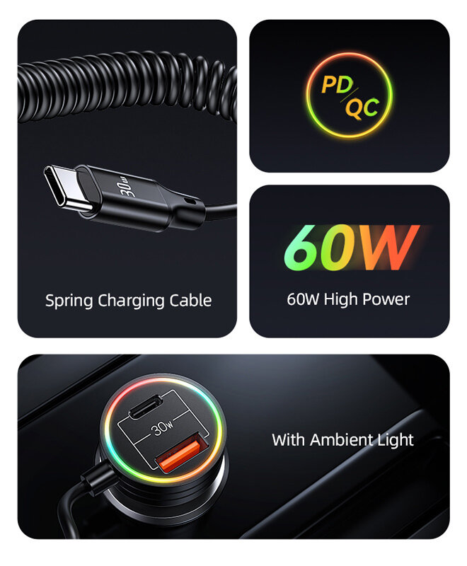 USAMS φορτιστής αυτοκινήτου C33 με καλώδιο USB/USB-C 60W 1m μαύρος
