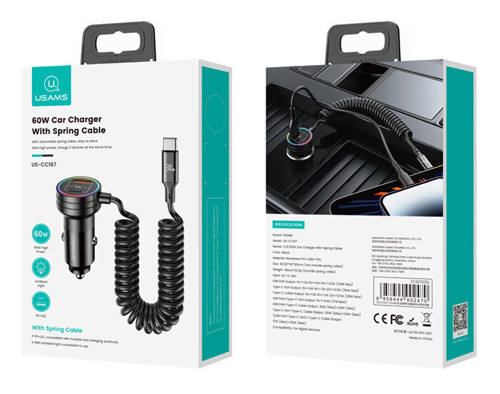 USAMS φορτιστής αυτοκινήτου C33 με καλώδιο USB/USB-C 60W 1m μαύρος