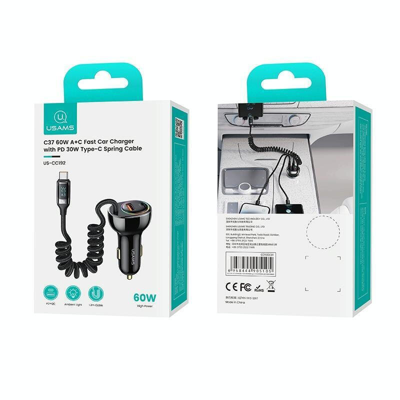 USAMS φορτιστής αυτοκινήτου C37 με καλώδιο USB/USB-C 60W 1.2m μαύρος