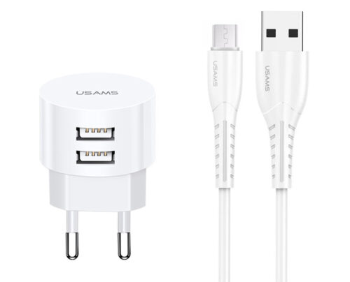 Usams φορτιστής τοίχου T20 2x USB 2.1A λευκός μαζί με καλώδιο Micro USB