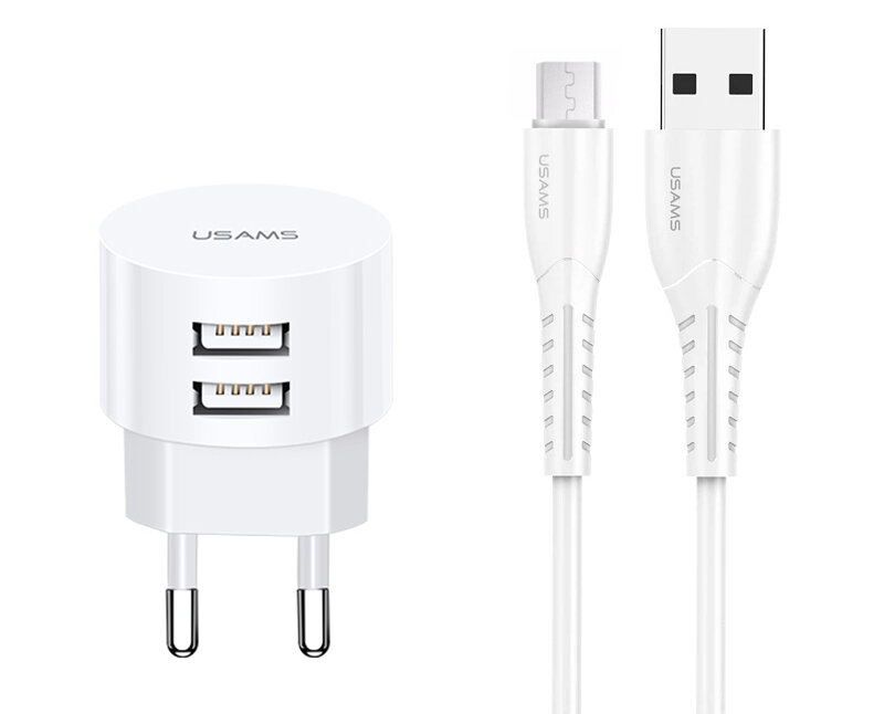 Usams φορτιστής τοίχου T20 2x USB 2.1A λευκός μαζί με καλώδιο Micro USB