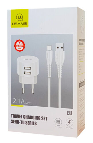 Usams φορτιστής τοίχου T20 2x USB 2.1A λευκός μαζί με καλώδιο Micro USB