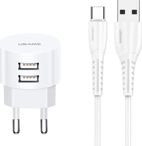 Usams φορτιστής τοίχου T20 2x USB 2.1A λευκός μαζί με καλώδιο type-C