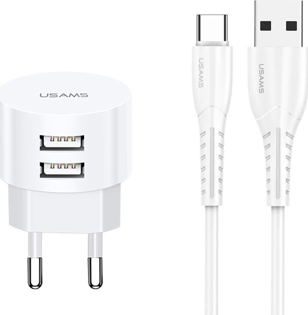 Usams φορτιστής τοίχου T20 2x USB 2.1A λευκός μαζί με καλώδιο type-C