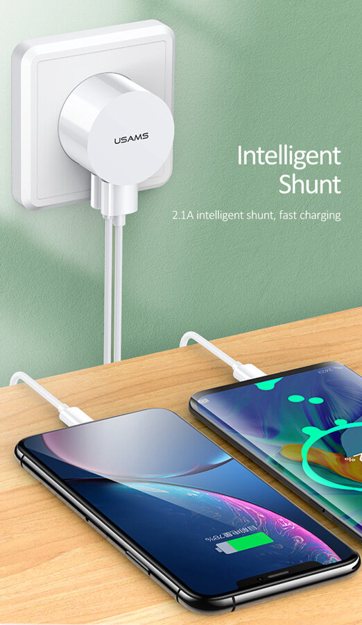 USAMS φορτιστής τοίχου T20 & καλώδιο Lightning 2x USB 2.1A λευκός