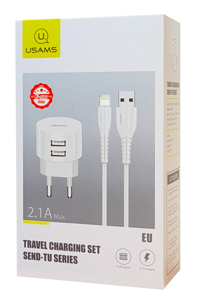 USAMS φορτιστής τοίχου T20 & καλώδιο Lightning 2x USB 2.1A λευκός